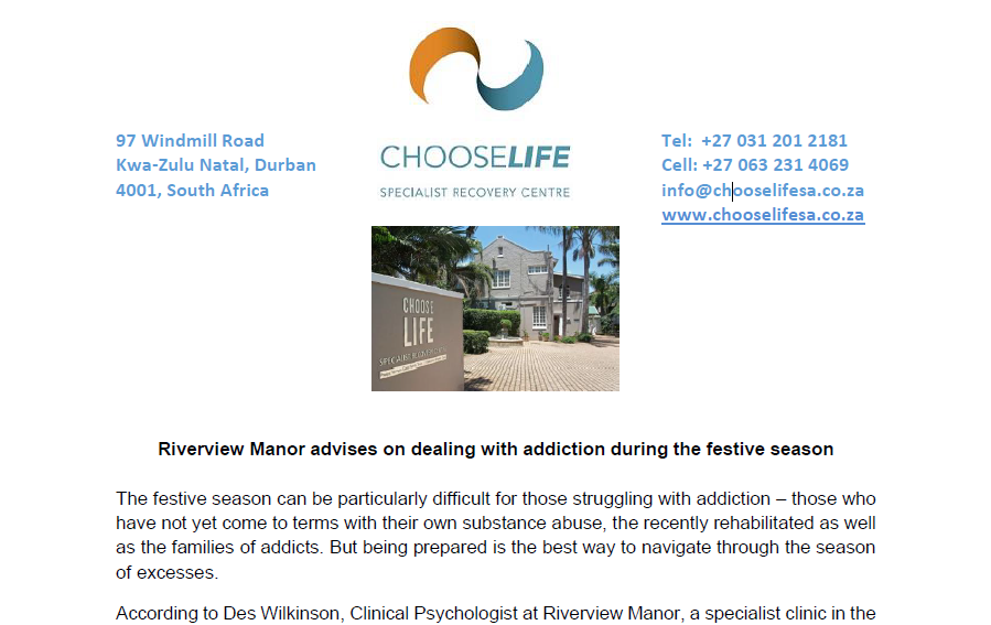 Riverview Manor advises on dealing with addiction during the festive season